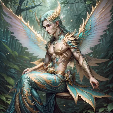 Cute male fairy with blue and gold details, large wings, full body, forest in the background, vibrant colors, lush, symmetrical ...