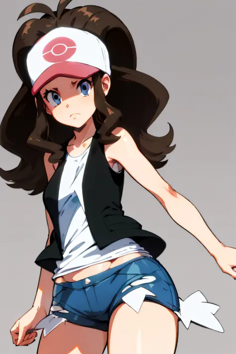 hilda \(pokemon\), denim shorts, sleeveless shirt, white shirt, black vest, serious, baseball cap, white headwear