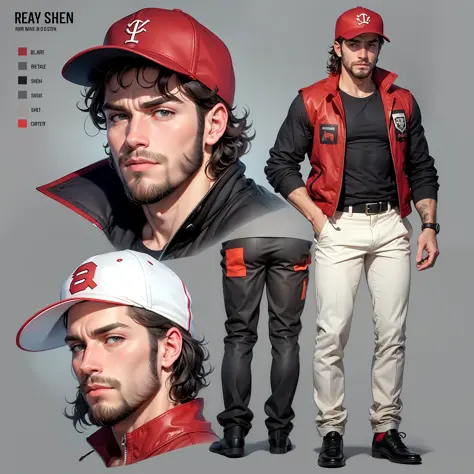 character sheet, white male with very curly short hair and beard, red baseball cap, black and red utility jacket, motorist, high...