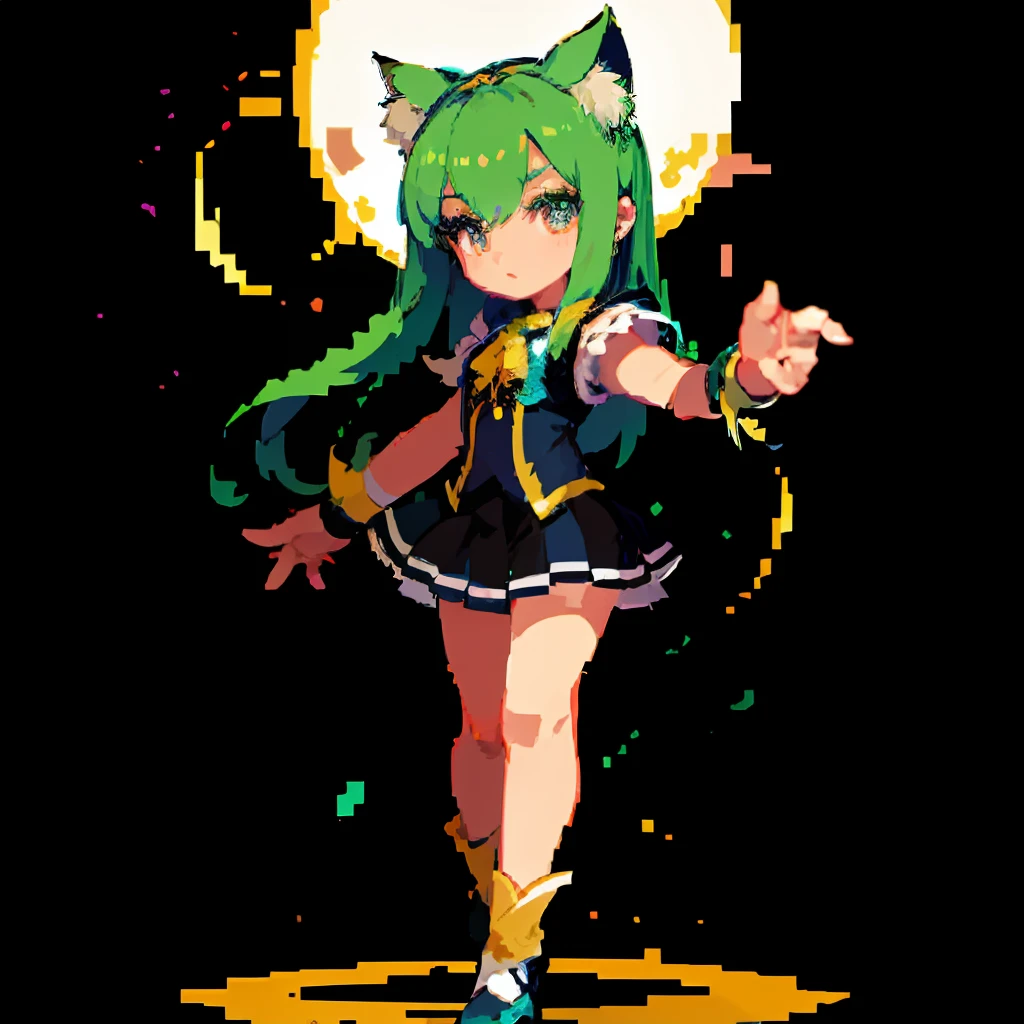 (Masterpiece, Best Quality, Best Quality, Pixel, Pixel Picture, One Girl, Full Body), Textured Skin, Magical Girl, Green Hair, Gradient Hair, Long Hair, Cat Ears, Pleated Skirt