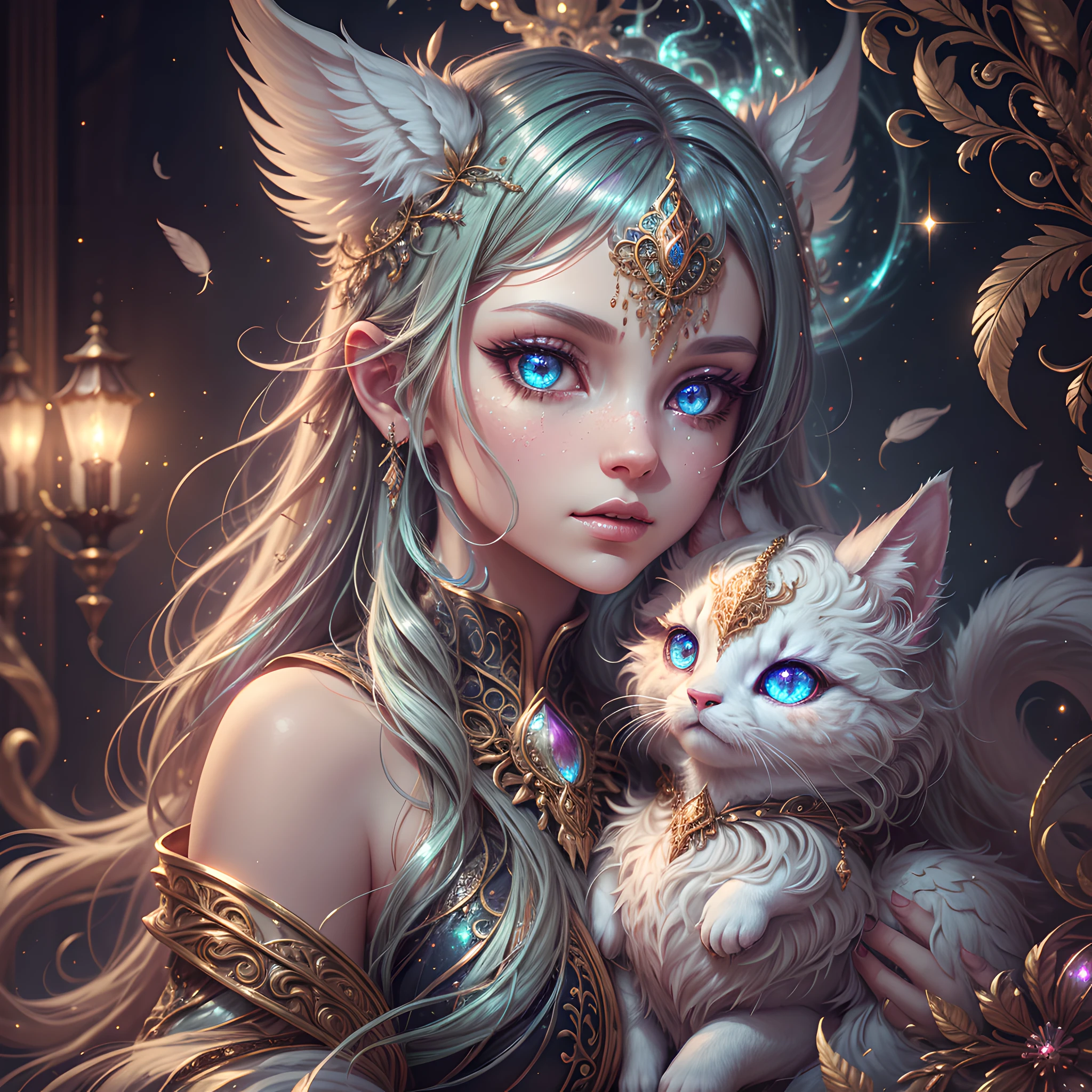 A woman with a cat in her arms and a light shining behind her - SeaArt AI