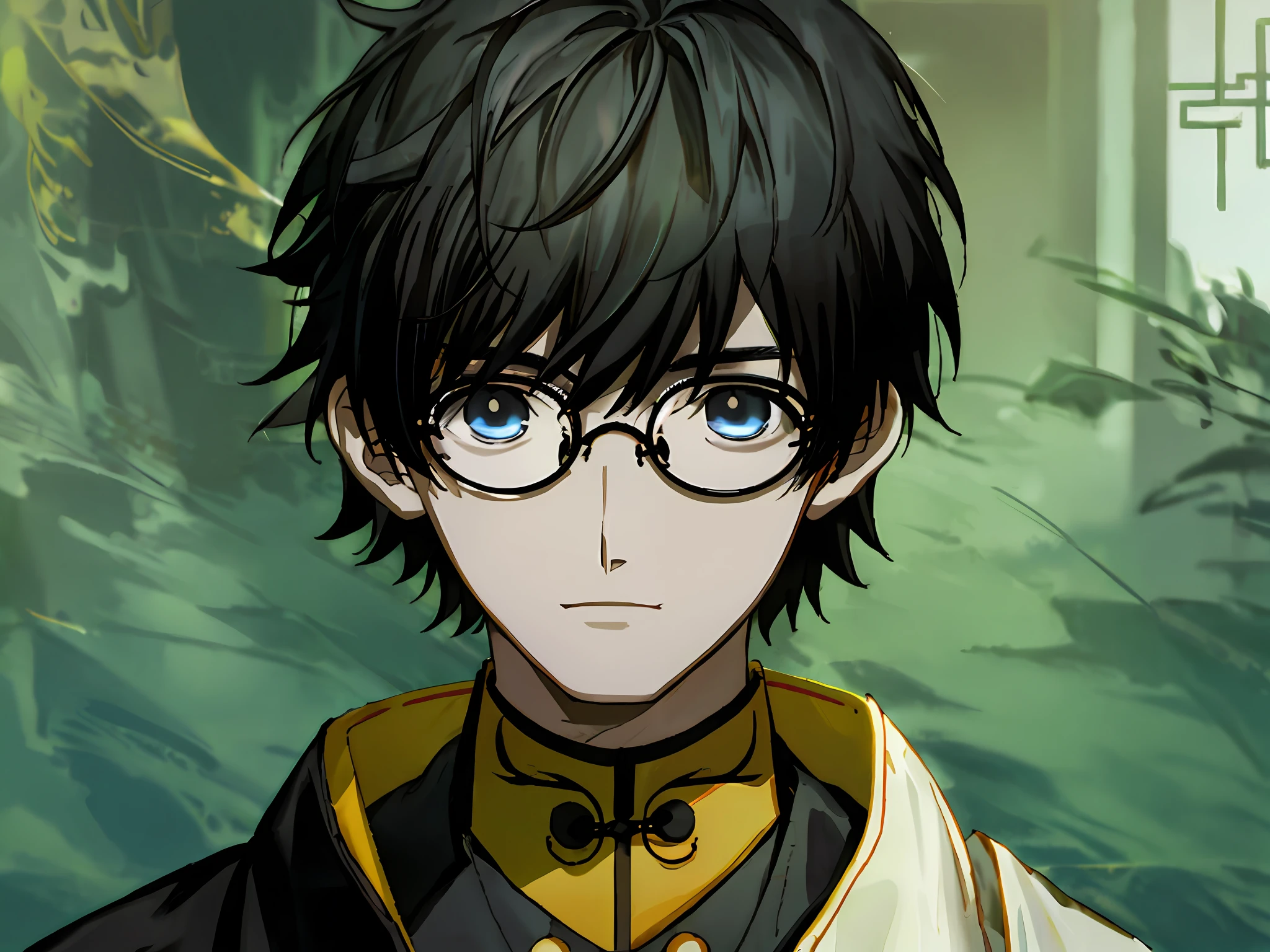 Best quality, high quality CG, a Chinese boy, five-sided round glasses, black eyes, medium hair, black hair, front, literati. smile