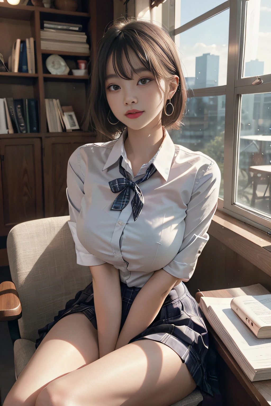 Best image quality, RAW photo, super high resolution, taken from the side, gentle smile, 16 years old Korean, very big breasts, tie, ribbon, school uniform, collared shirt,  shirt, plaid skirt, fair skin, shiny white skin, short bob, bright silver hair, bright gray hair, neatly aligned bangs, beautiful eyes, beautiful eyes of random colors, very thin lips, beautiful eyes with details, Elongated eyes, pale pink cheeks, long eyelashes, beautiful double eyelids, eyeshadow, earrings, night school, dimly lit library at night, library desk, sitting at desk and crossing legs