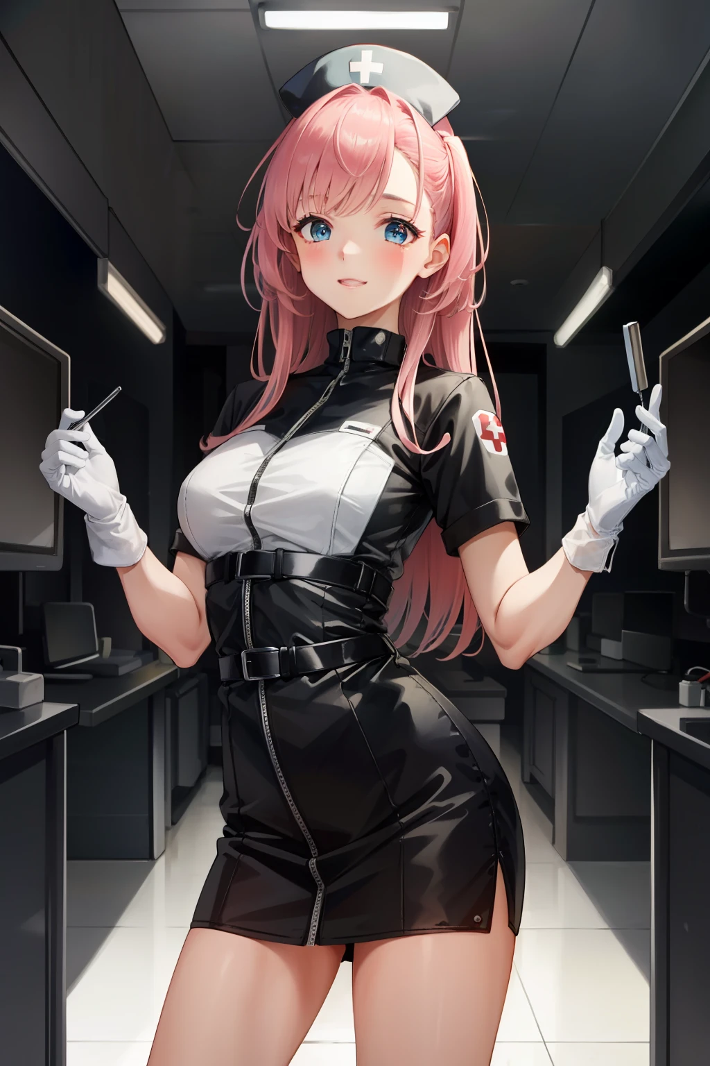 TachibanaHinano, 1girl, solo, long hair, medium breasts, (split hair, black hair, pink hair: 1.3), blue eyes, smile, standing, dynamic pose, 8k, masterpiece, best quality, absurd, perfect anatomy, cinematic lighting, cowboy shot, (nurse uniform: 1.1), (hospital, operating room: 1.1), latex gloves medical