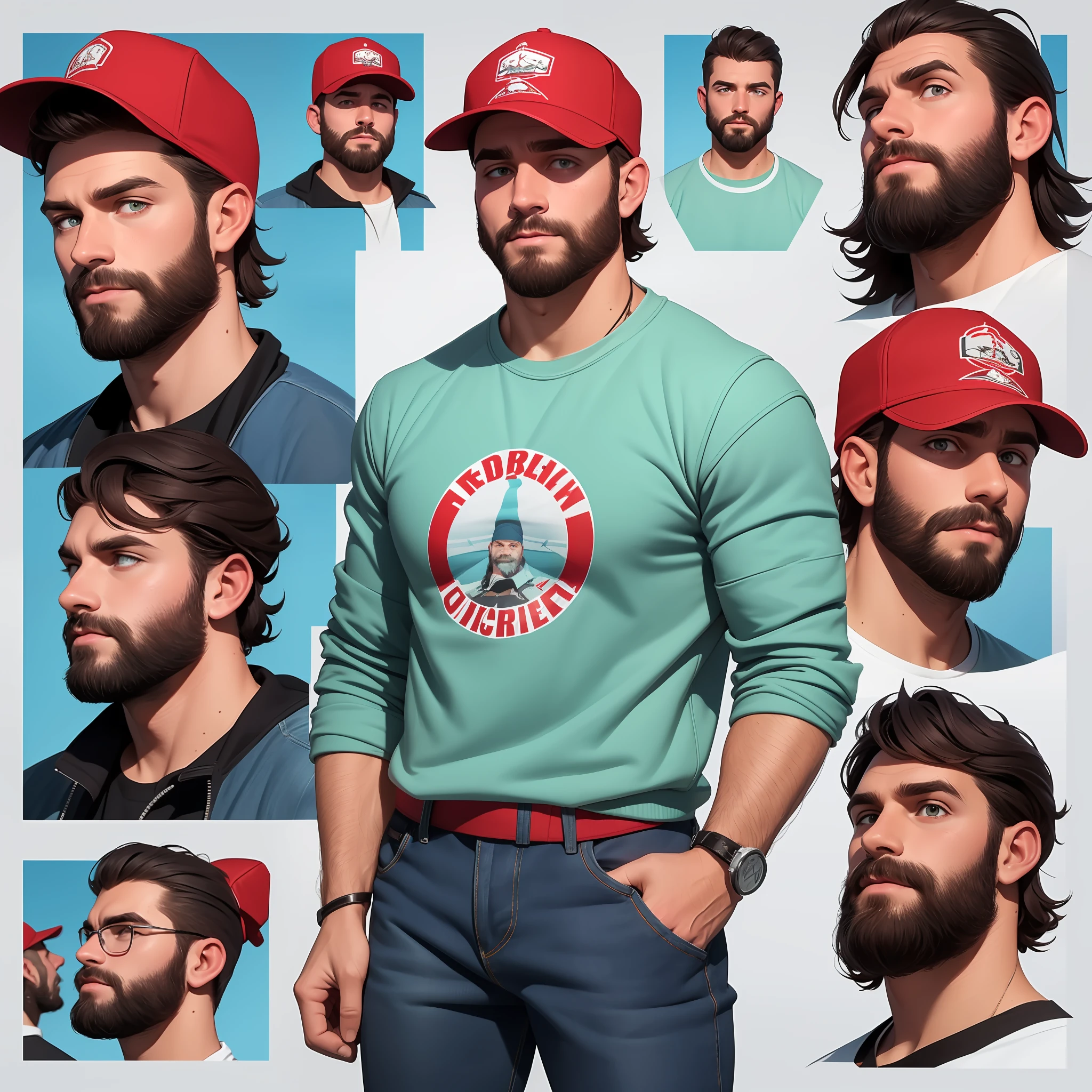 character sheet, white male with very curly short hair and beard, red baseball cap, black and red utility jacket, motorist, high quality, handsome, light blue bootcut jeans, mild body hair, messy look, rugged, different facial expressions, full body, white undershirt, white socks, loose clothing,