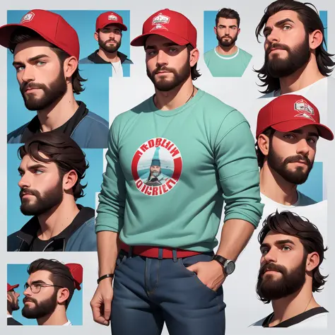 character sheet, white male with very curly short hair and beard, red baseball cap, black and red utility jacket, motorist, high...