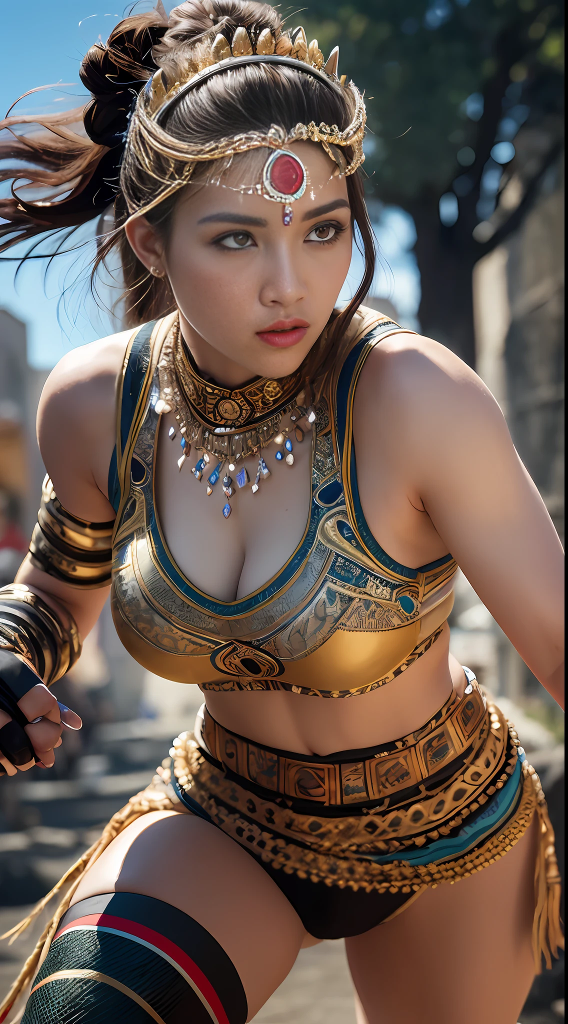 Masterpiece photography, ultra realistic, hyper realistic, hyper details, 4k, 8k, 12k, In the ancient Mayan civilization, a skilled and agile female warrior defends her city-state with a deadly proficiency in hand-to-hand combat. Her intricate headdress and vibrant attire symbolize her status as a revered protector of her people.