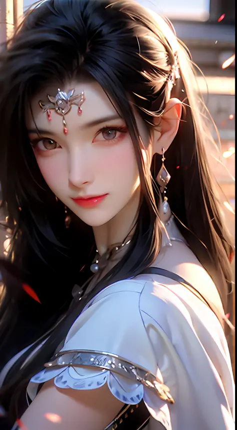 (Best Quality), (Masterpiece), (Reality), a close-up of a girl's upper body, 1 girl, black hair, long hair, white veil, branch shaped lightning, detailed eyes, beautiful facial features, surrounded by flames, game CG, super detailed
