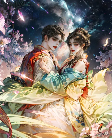 2 Heavenly maiden and handsome, man and woman wearing kimono and staring at each other, Hanfu, anime man and woman, luxurious decoration, sweet face, Gouviz style artwork inspired by Chen Yanjun, high quality portrait, stunning anime face portrait, Guvizi,...