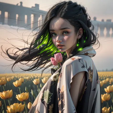 a girl walking on the snow, her black hair flying in the wind, her bright green eyes staring at red tulips among shimmering chry...