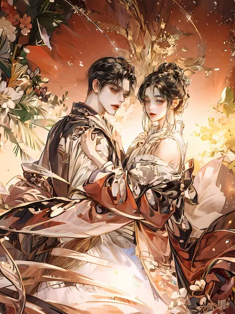 2 Heavenly maiden and handsome, man and woman wearing kimono and staring at each other, Han clothes, luxurious decoration, height difference, anime man and woman, Gouviz style artwork inspired by Chen Yanjun, high quality portrait, stunning anime face port...
