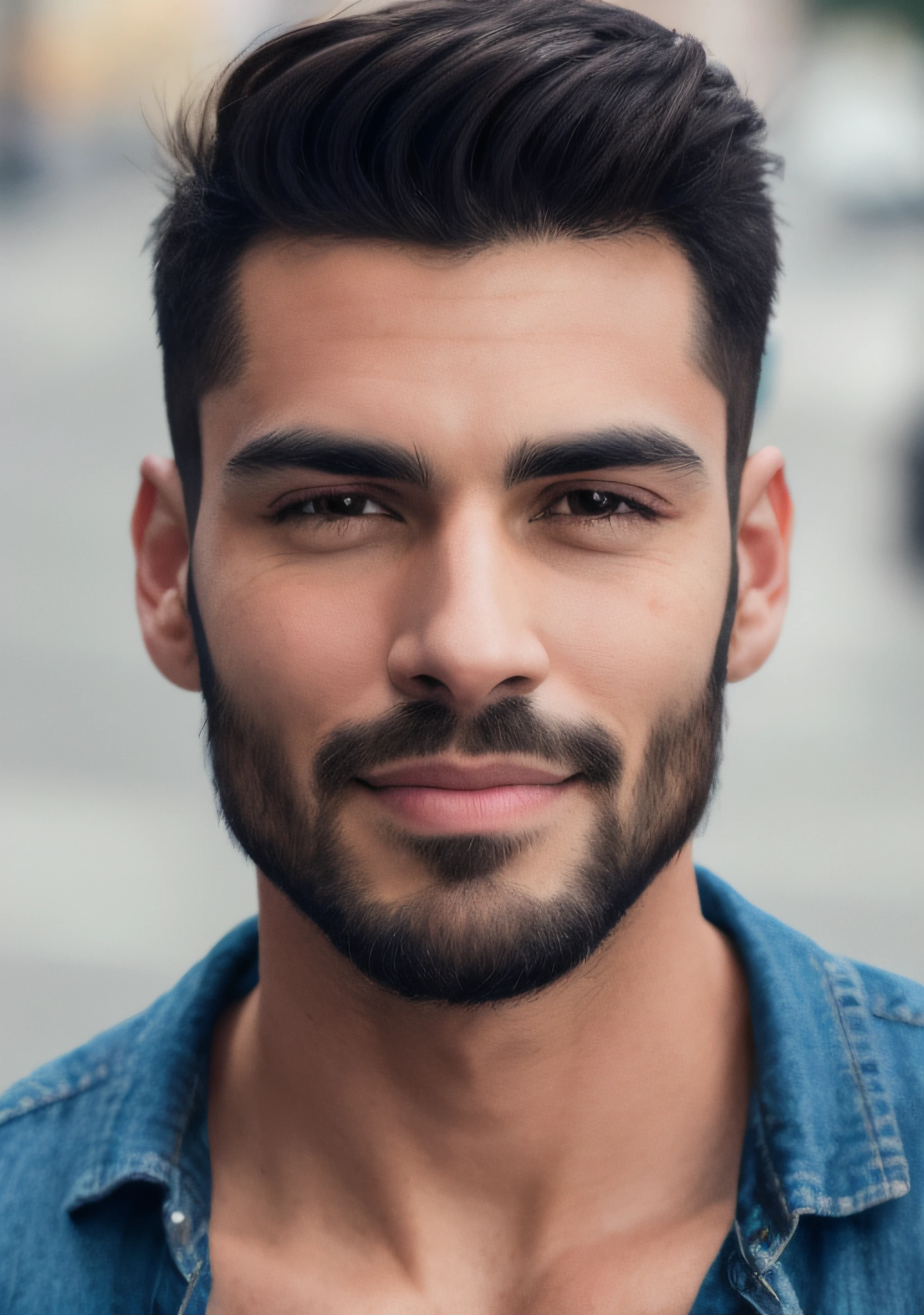 Pretty handsome latino, detailed face, best quality, high quality, skin indentation, skin pores, textured skin, analog, film grain, detailed eyes, perfect mouth, 8k, uhd, 8k uhd, closed mouth, casual clothes, beard, pale skin,