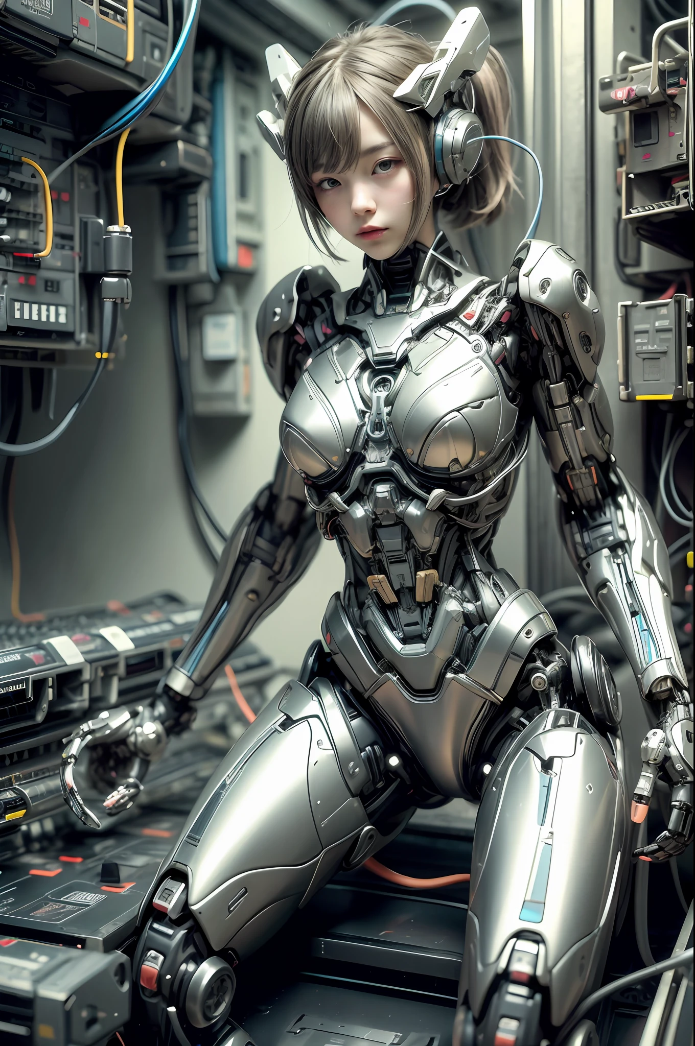 cyborg, android, robot, wiring, switch, control panel, girl, cute, sexy, strong, slender, bikini, high leg, silver, love each other, ecstasy,, pleasure, pleasure