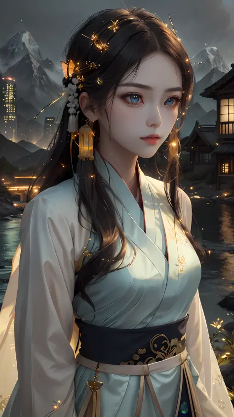 best quality, masterpiece, highres,
1girl, Detailed face, (Upper body:1.6), Cyber cities, mountains and rivers, night, firefly l...