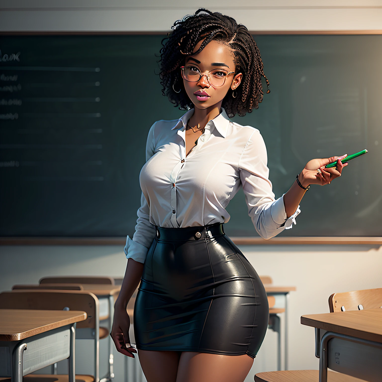 There is a woman in a skirt and glasses standing in a classroom - SeaArt AI