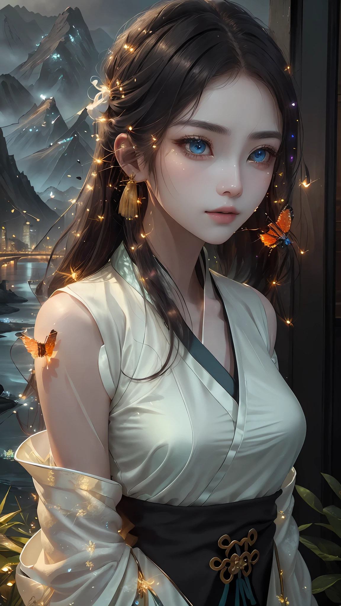 best quality, masterpiece, highres,
1girl, Detailed face, (Upper body:1.6), Cyber cities, mountains and rivers, night, firefly lights, Realistic, rich in detail, (White hanfu:1.2), (beautiful body:1.4),