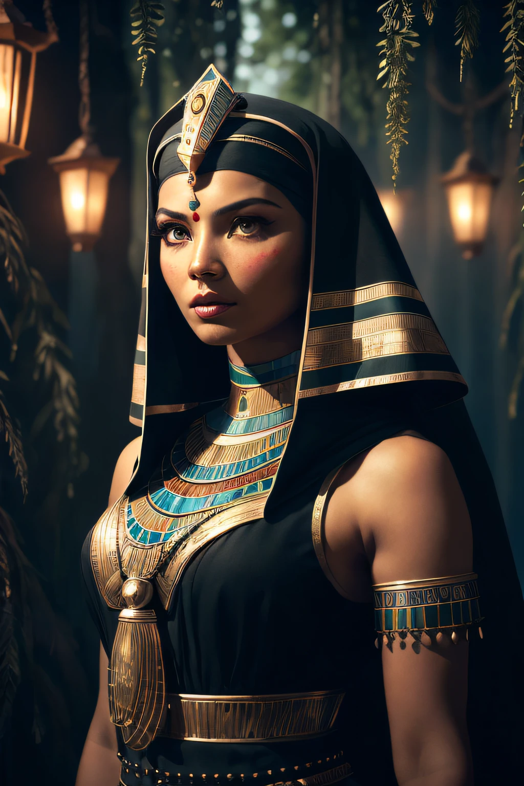 1 adult Egyptian woman, green eyes, black hair flaps, makeups , upper body, looking at viewer, detailed background, detailed face,  OldEgyptAI, ancient egyptian theme,  feral jungle warrior, obsidian, ((defensive stance)), stone knife, bushes, poisonous plants, rocks,  humid climate, darkness, cinematic atmosphere,
dark chamber, dim light, (zentangle, mandala, tangle, entangle:0.5)
(35mmstyle:1.1), front, masterpiece, 1970s film, , cinematic lighting, (photorealistic:1.5), high frequency details, 35mm film, (film grain), film noise,