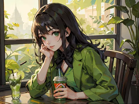 there is a woman sitting at a table with a cup of green tea, ulzzang, anime girl drinks energy drink, 🍸🍋, anime girl in real lif...