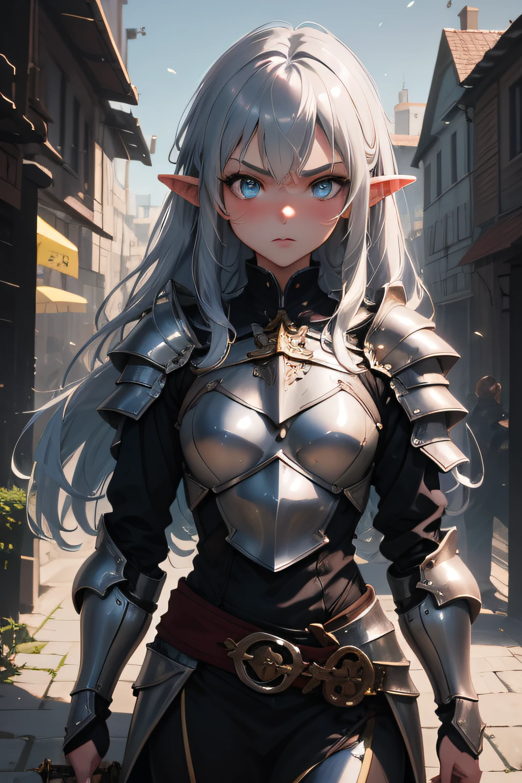 1girl, solo, looking at viewer, masterpiece, best quality, elf, medieval city street, pointy ears, armour, knight, guard, sword, scabbard, blue eyes, silver hair, detailed eyes, long hair,