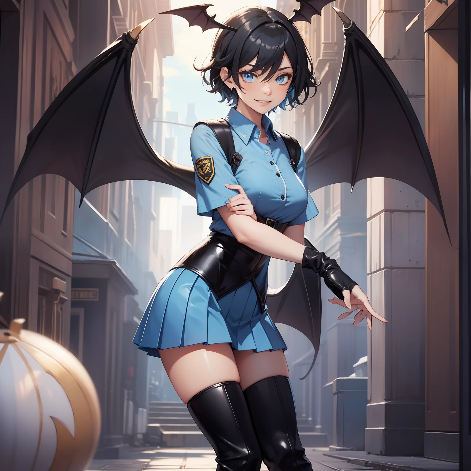 masterpiece, best quality, high resolution, solo, standing, adult woman, blue shirt, bat wings, black hair, short hair, blue eyes, evil smile, light blue pleated mini skirt, black boots