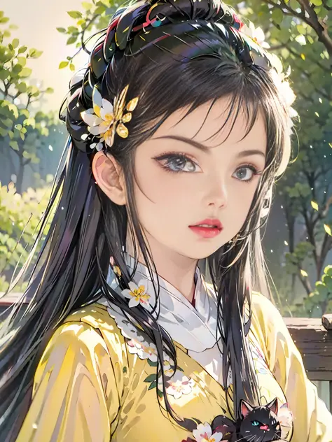 close up of a girl with cat and flowers in her hair, beautiful anime girl, beautiful anime portrait, cute anime girl, beautiful ...