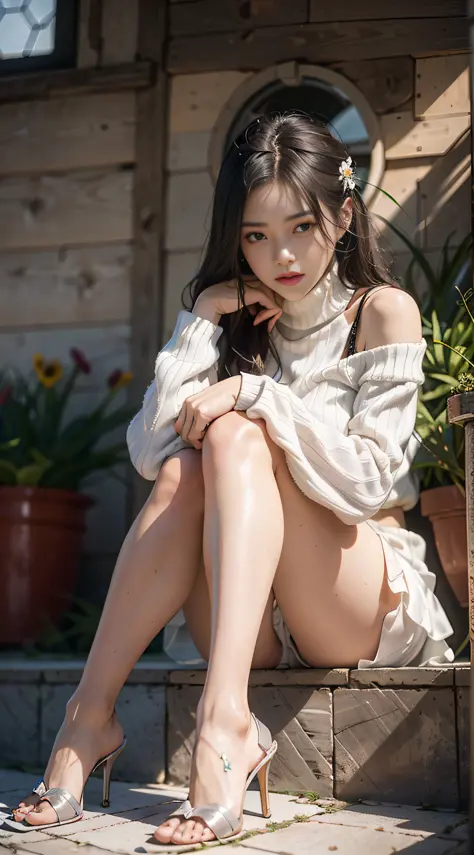 (8k, RAW photos, best quality, Masterpiece: 1.3), (realistic, photo realistic: 1.27), intricate details, (1 girl at 16 years old), (girl in white: 1.3), sitting, solo, off-the-shoulder, (summer fashion: 1.4), (white shirt: 1.2), long sleeves, thin skin, lo...