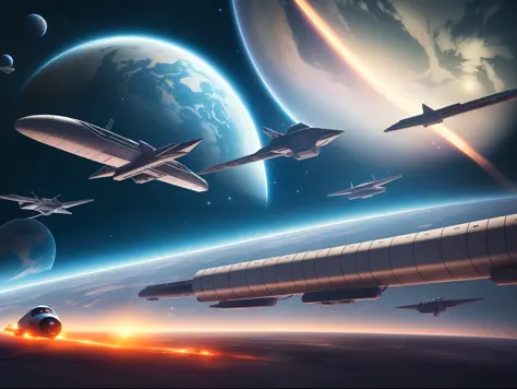 Train-like spaceship flying over a planet, long train in the foreground, train in space, universe in the background, sci-fi space game art, sci-fi spaceship in battle, epic spaceship scene, spaceship flying in the distance, --auto