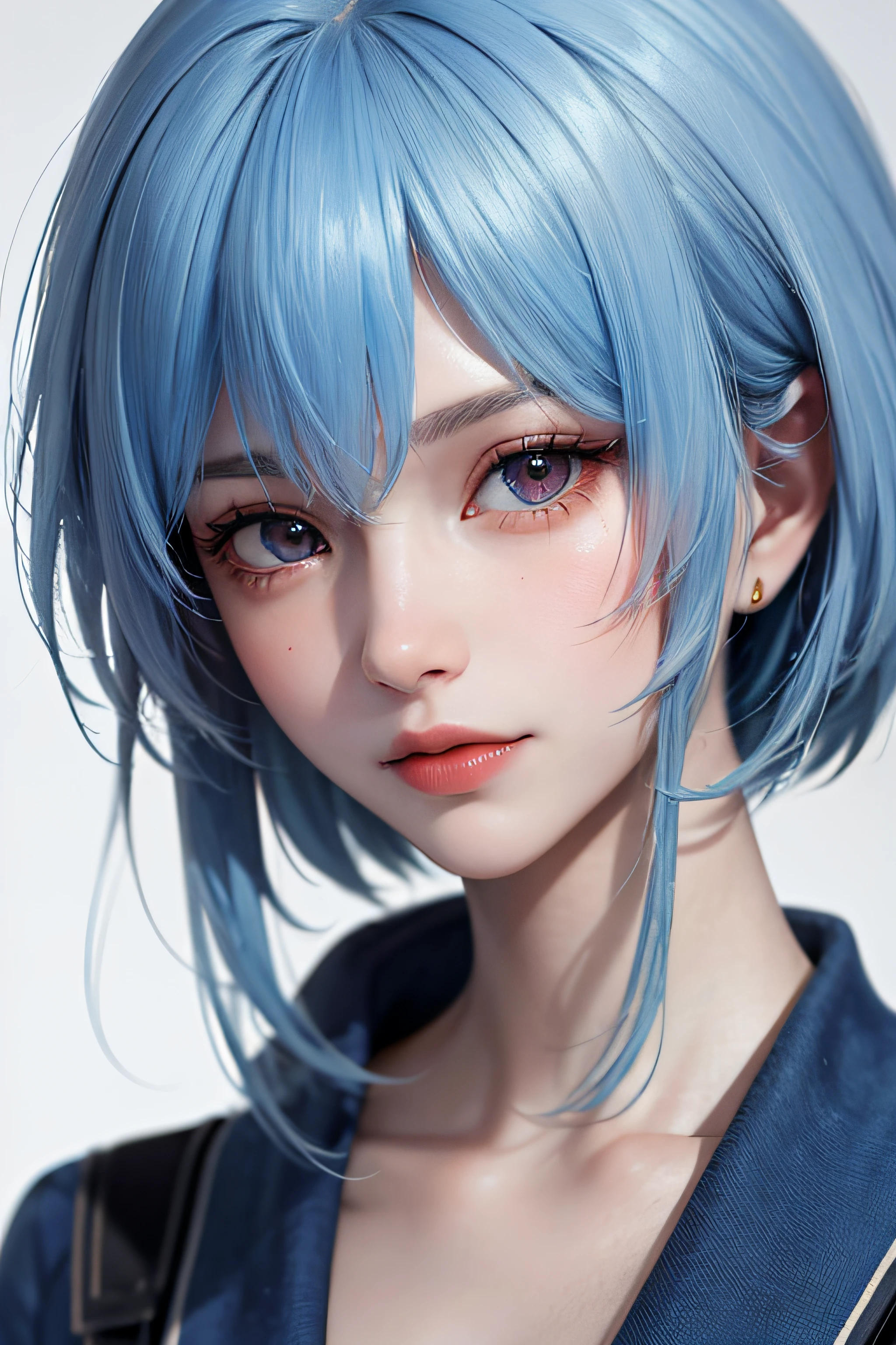 obra maestra, mejor calidad, 8K, Textura de piel detallada, Textura de tela detallada, Hermoso detalle cara, Detalle intrincado, ultra detallado, Retrato de Rei Ayanami, pelo azul, ojos rojos, mirando lejos, sin antecedentes