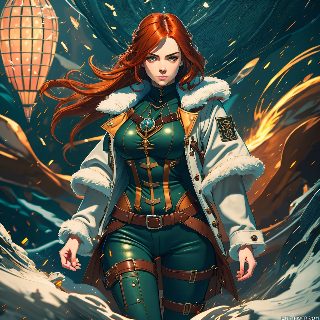 beautiful ginger women in detailed full body length lather pirate's suit, long lather pants, lather jacket, air above hair, IPA award wining, masterpiece, ultimate lighting, art by top 5 artstation artists, spectacular view, chromatic aberration, glaring lather, ambient occlusion, bouncing lights, sharp focus, sharp contrast, best backlighting,