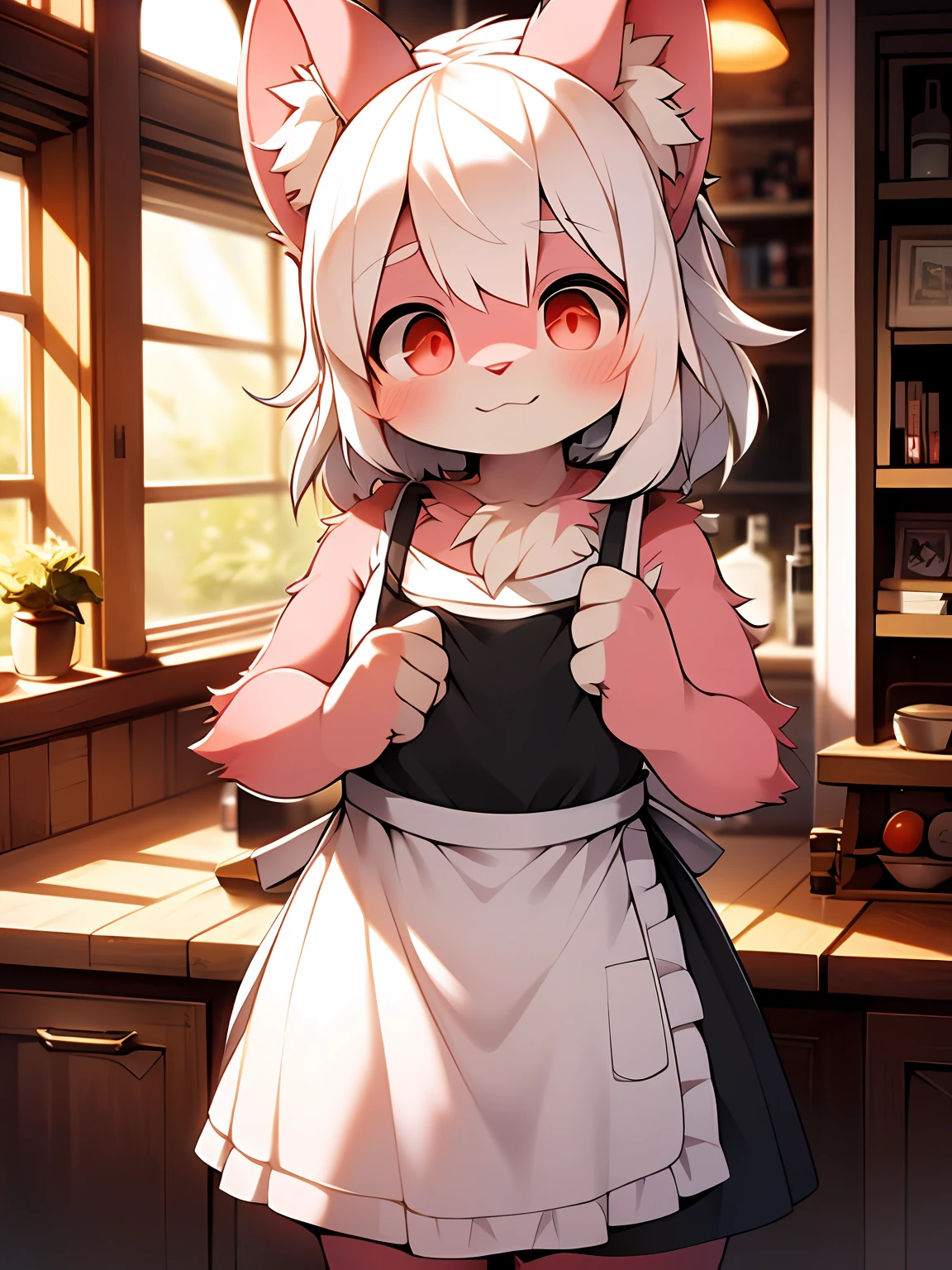 (pink fur, detailed fur, red eyes, white hair, cute), master masterpiece, high resolution, 8k, detailed background, high quality, girl, female, solo, apron
