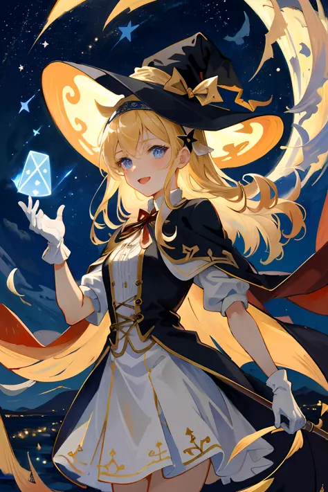 ((masterpiece:1.2, best quality)), 1girl, solo, (witch hat), blonde, long hair, skirt, aurora, night, stars (sky), gloves, sky, ...