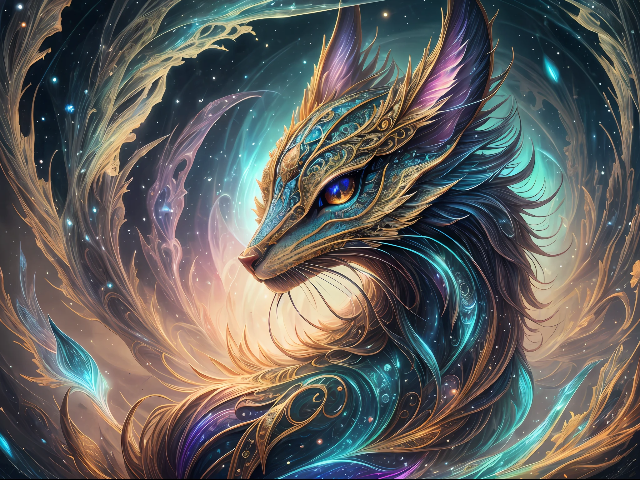 Generate a beautiful magical creature. The creature should be majestic and stunning with hires eyes and lots of intricate fantasy details. Include 8k eyes, highly detailed eyes, extremely detailed eyes, macro eyes, bright clear eyes, and sharp eyes. The image should be a masterpiece and contain fantasy vibes and phantasmal iridescence.