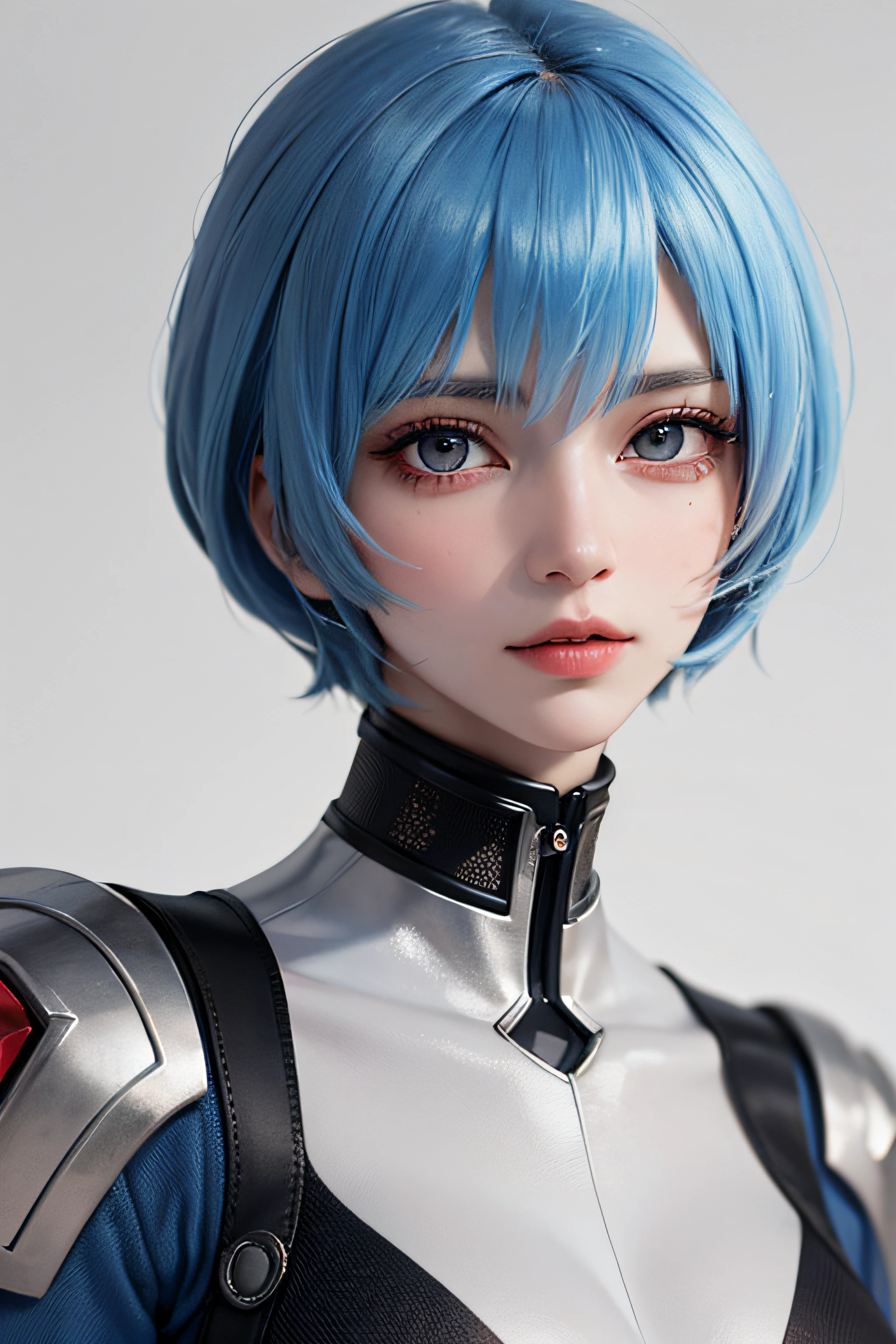 Masterpiece, Best Quality, 8K, Detailed Skin Texture, Detailed Cloth Texture, Beautiful Detail Face, Intricate Detail, Ultra Detailed, Portrait of Rei Ayanami, Blue Hair, Red Eyes, Sideways Glance, No Background