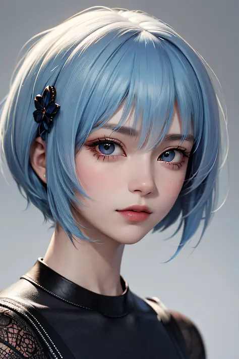 Masterpiece, Best Quality, 8K, Detailed Skin Texture, Detailed Cloth Texture, Beautiful Detail Face, Intricate Detail, Ultra Detailed, Portrait of Rei Ayanami, Blue Hair, Red Eyes, Sideways Glance, No Background