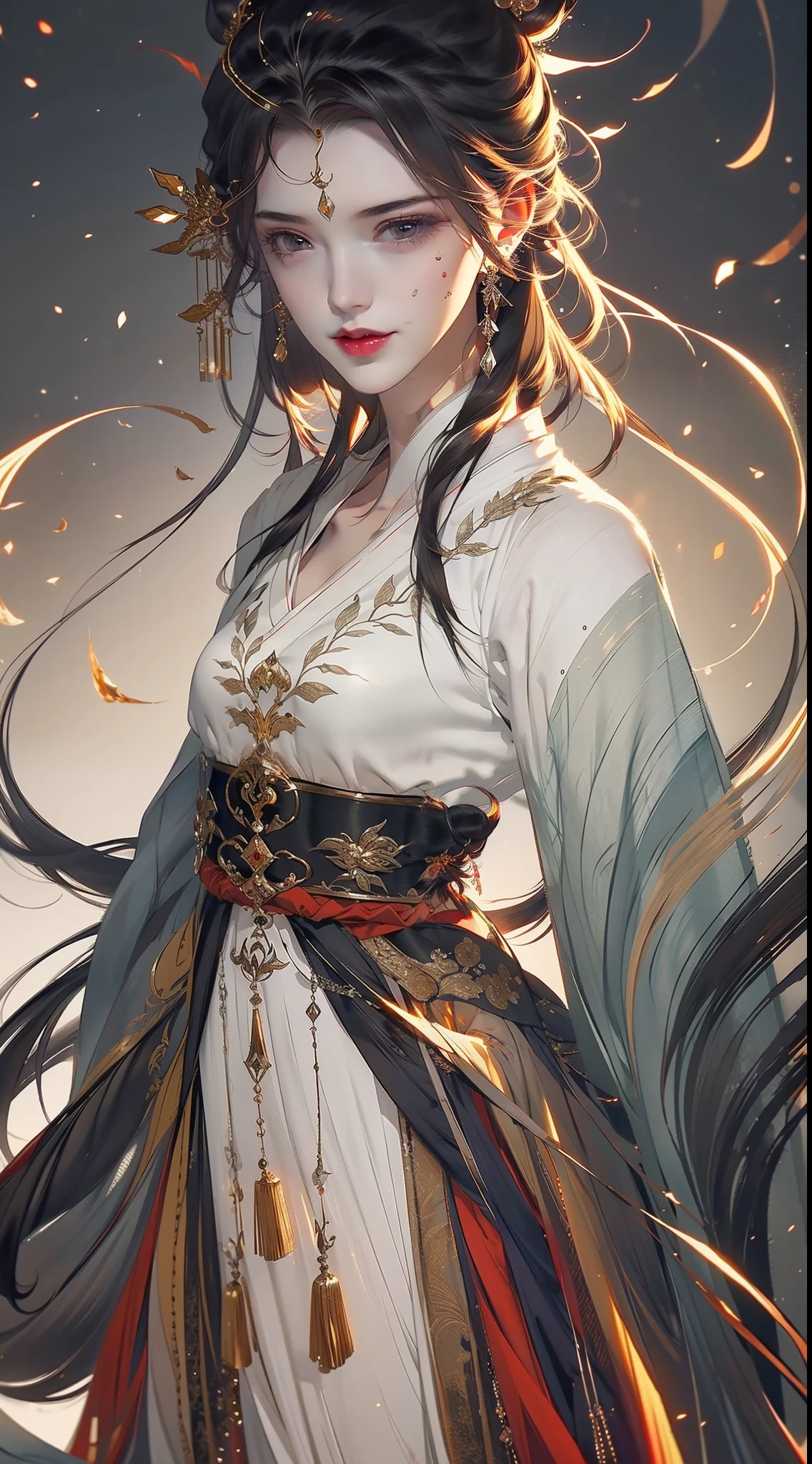 (8k, RAW Photo: 1.2), Best Quality, Illustration, Beautiful Painting, 1 Woman, Beautiful Face, Delicate Skin, Gorgeous Bun, Hair Accessories, Hanfu, Jewelry, Full Body, High Detail, Accent, Color Ink Painting, Splash Color, (((colorful)), lycoris, Sketch, Denoising, Splashing ink, Dramatic, Cinematic, Particle effects, White background, Super High Resolution, Best Shadow, RAW, (HDR) (Wallpaper) (Cinematic Lighting) (Sharp Focus), Masterpiece, (Very detailed CG unified 8k wallpaper)