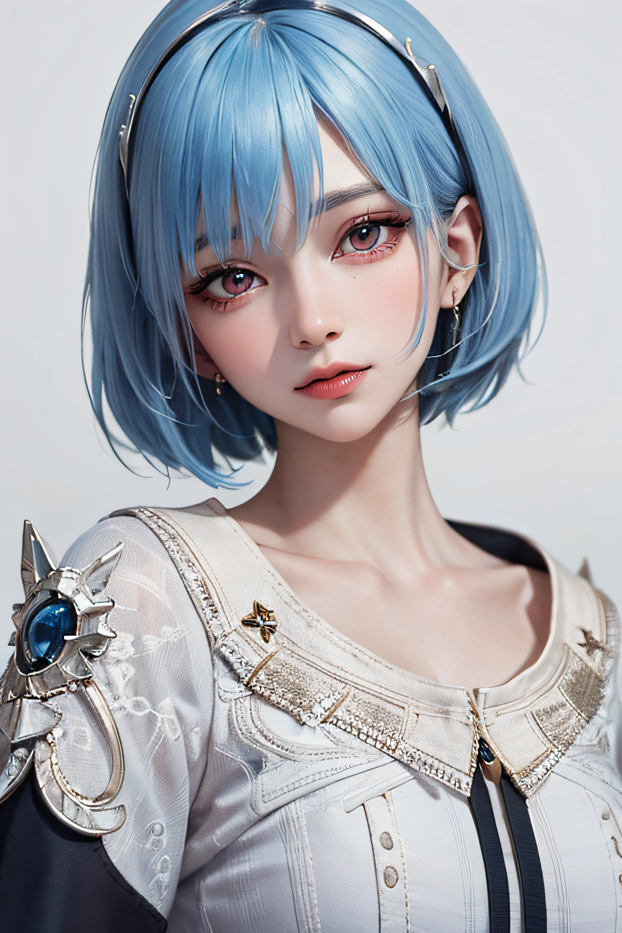 Masterpiece, Best Quality, 8K, Detailed Skin Texture, Detailed Cloth Texture, Beautiful Detail Face, Intricate Detail, Ultra Detailed, Portrait of Rei Ayanami, Blue Hair, Red Eyes, Head Tilt, No Background