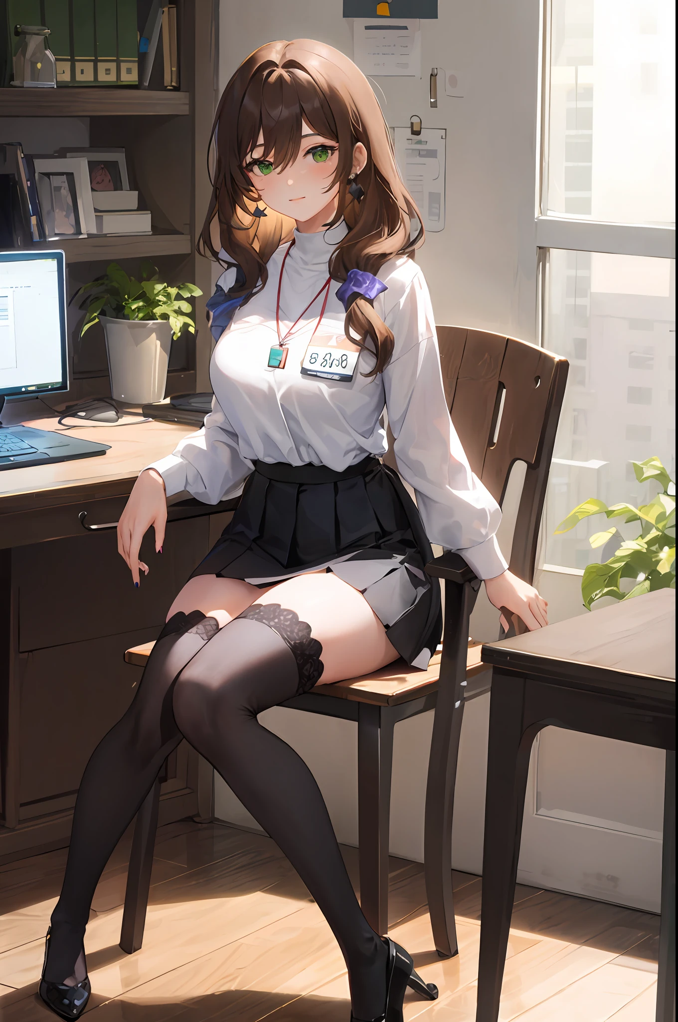 Lisa, genshin impact, 1girl, solo, ((white shirt)), black thighhighs, breasts, cleavage, uniform, office background, black skirt, pleated skirt, office, hair between eyes, messy hair, large breasts, long hair, looking at viewer, brown hair, red short nails, green eyes, solo, thighhighs, thighs, very long hair, ((masterpiece)), sitting, chair, desk, computer on desk, name tag, id tag, indoor,