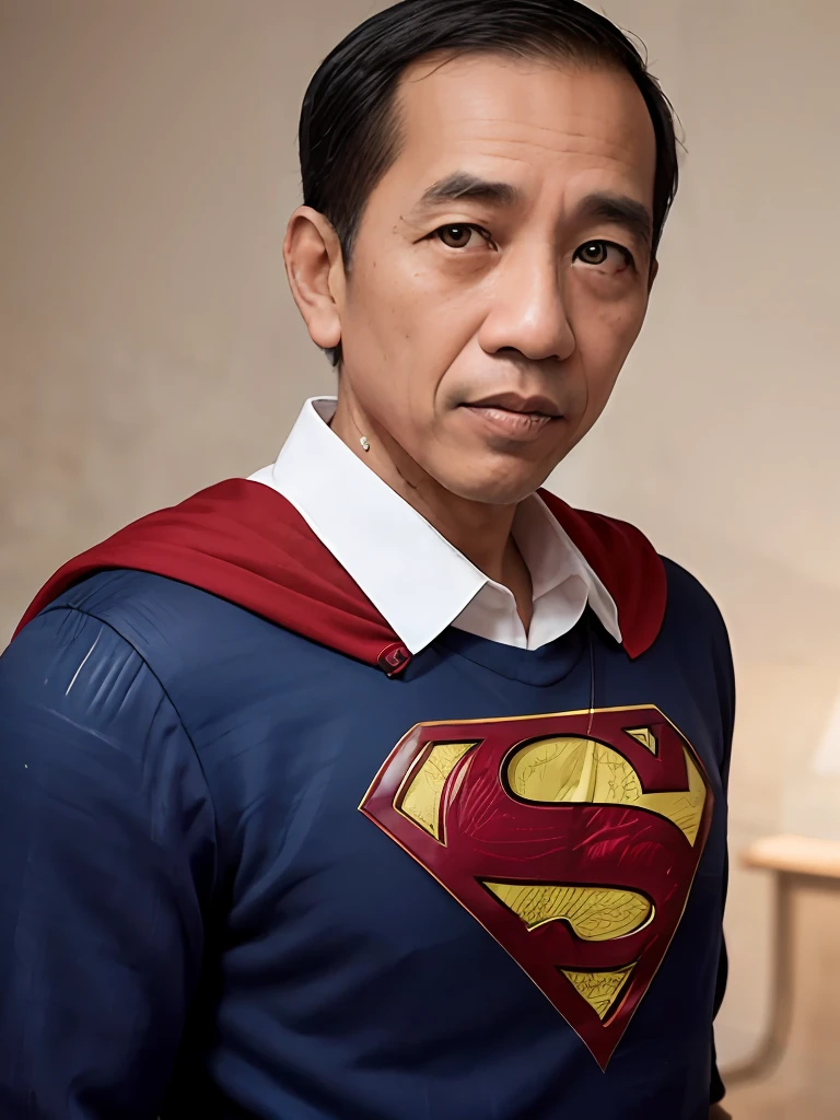 4k, Best quality, masterpiece, ultra high res, beautiful lighting, (realistic, photo-realistic:1.4), realistic background,
 jokowi, 
1man, 50 years old, superman, open_mask,