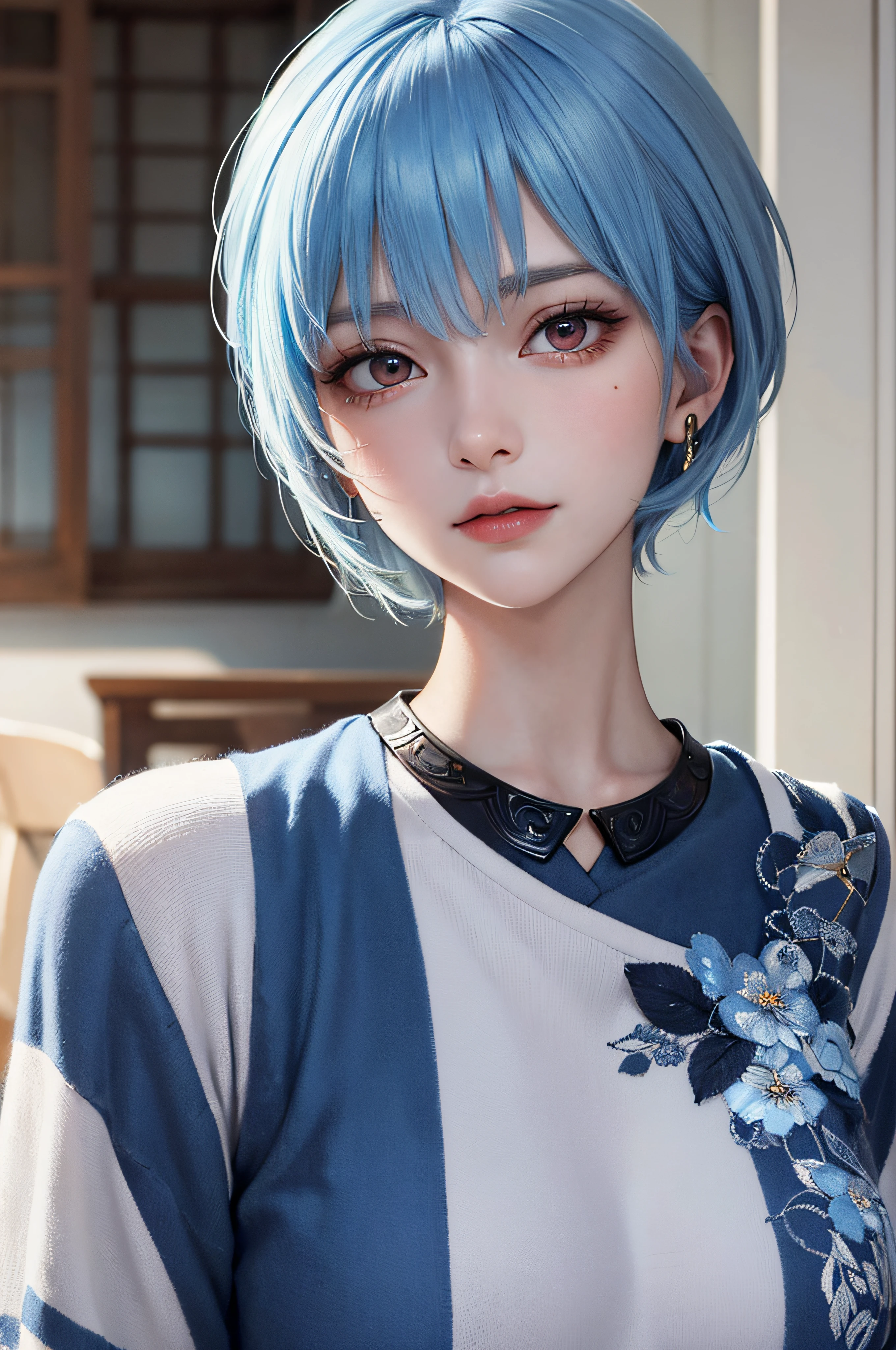 Masterpiece, Best Quality, 8K, Detailed Skin Texture, Detailed Cloth Texture, Beautiful Detail Face, Intricate Detail, Ultra Detailed, Portrait of Rei Ayanami, Blue Hair, Red Eyes, Head Tilt, No Background
