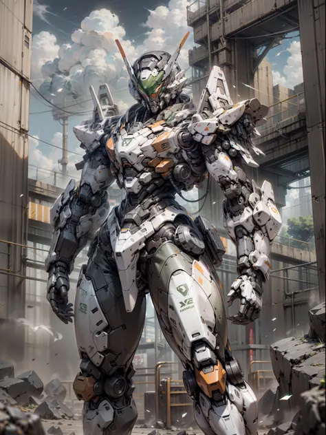 ((Best Quality)), ((Masterpiece)), (Very detailed: 1.3), 8K, cool painting, full of sci-fi, assassin mech with a long sword, streamlined green armor, complex weapons and equipment behind it, Gundam humanoid mech, anime mech aesthetics, perfect body proport...