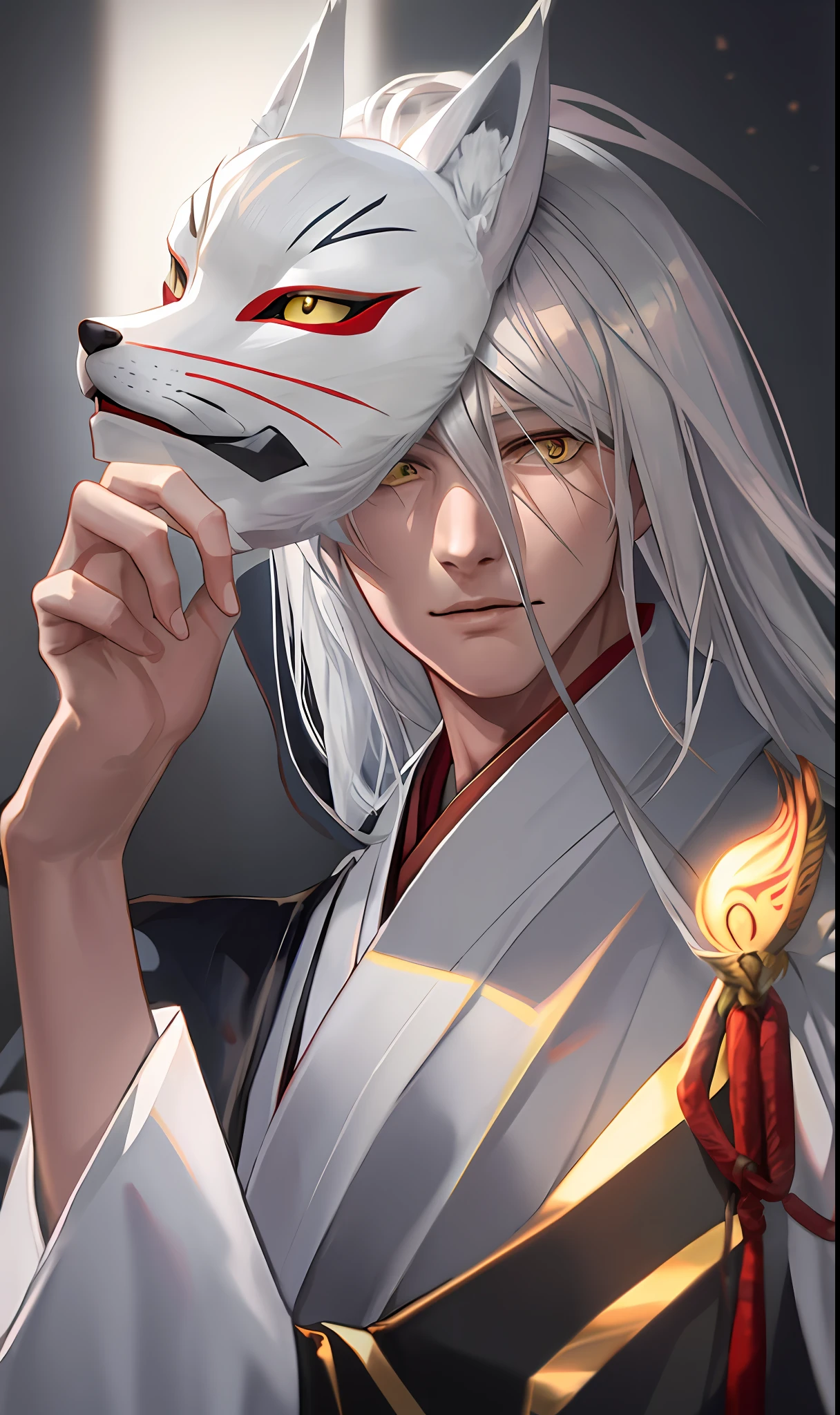 Close up portrait of man in cat mask, fox mask, vampire white fox
