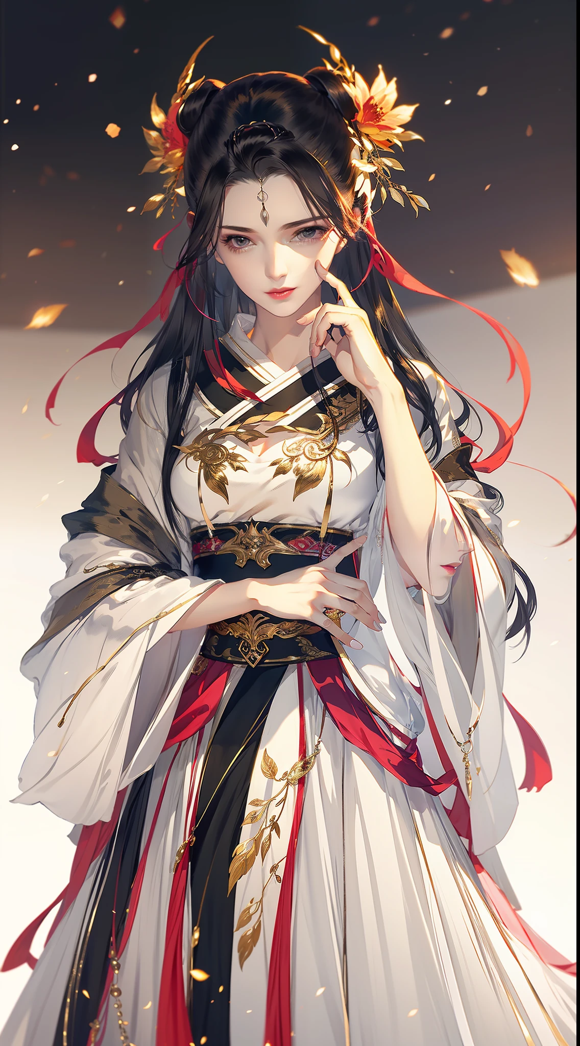 (8k, RAW Photo: 1.2), Best Quality, Illustration, Beautiful Painting, 1 Woman, Beautiful Face, Delicate Skin, Gorgeous Bun, Hair Accessories, Hanfu, Jewelry, Full Body, High Detail, Accent, Color Ink Painting, (((colorful))), lycoris, Sketch, Denoising, Dramatic, Cinematic, Particle Effects, White Background, Ultra High Resolution, Best Shadow, RAW, (HDR) (Wallpaper) (Cinematic Lighting) (Sharp Focus), Masterpiece, (Very detailed CG unified 8k wallpaper)