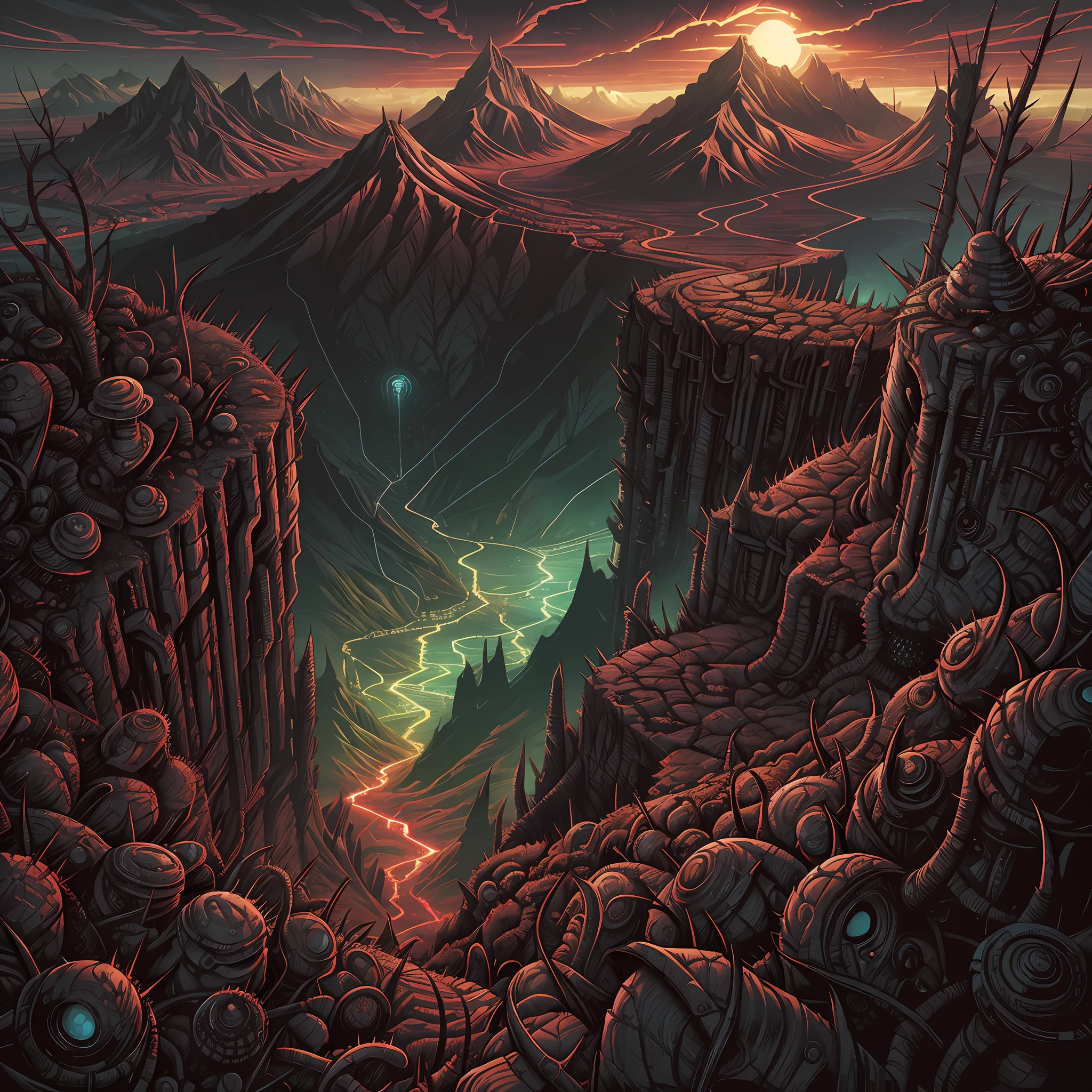 Wide angle, view from the top of the peak, horror art landscape, a valley of biomechanicals structures, futurist horror place, spiked walls, madness, thorns, unreal engine. Horror art, unreal sketch color drawing. Illustration by Dan Seagrave