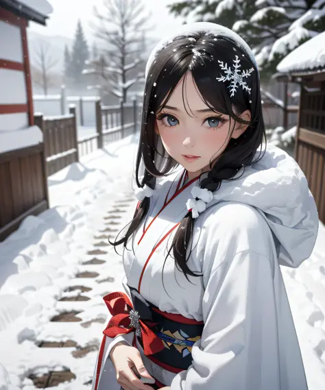 Masterpiece, Realistic, Top Quality, Full Body, (((Beautiful Snow Woman)))), ((((Beautiful Snow Woman in Old Tales)))), (Japan white kimono and white obi with long sleeves fluttering red and narrowed silver eyes)), (Black hair is so long that it almost sti...
