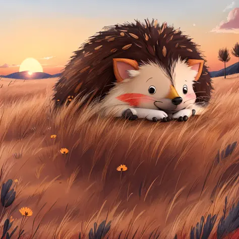 masterpiece, best quality,a little hedgehog， dusk, sunset, in a meadow, comic, black eyes,