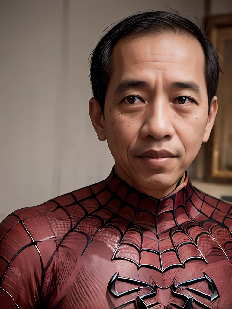 4k, beste Qualität, Meisterwerk, ultrahohe Auflösung, schöne Beleuchtung, (realistisch, photo-realistisch:1.4), realistisch background,
 jokowi, 
1 Mann, 50 Jahre alt, Spider Man, offen_Maske,