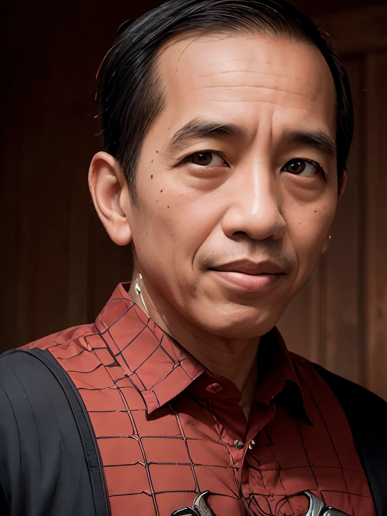 4k, beste Qualität, Meisterwerk, ultrahohe Auflösung, schöne Beleuchtung, (realistisch, photo-realistisch:1.4), realistisch background,
 jokowi, 
1 Mann, 50 Jahre alt, Spider Man, offen_Maske,