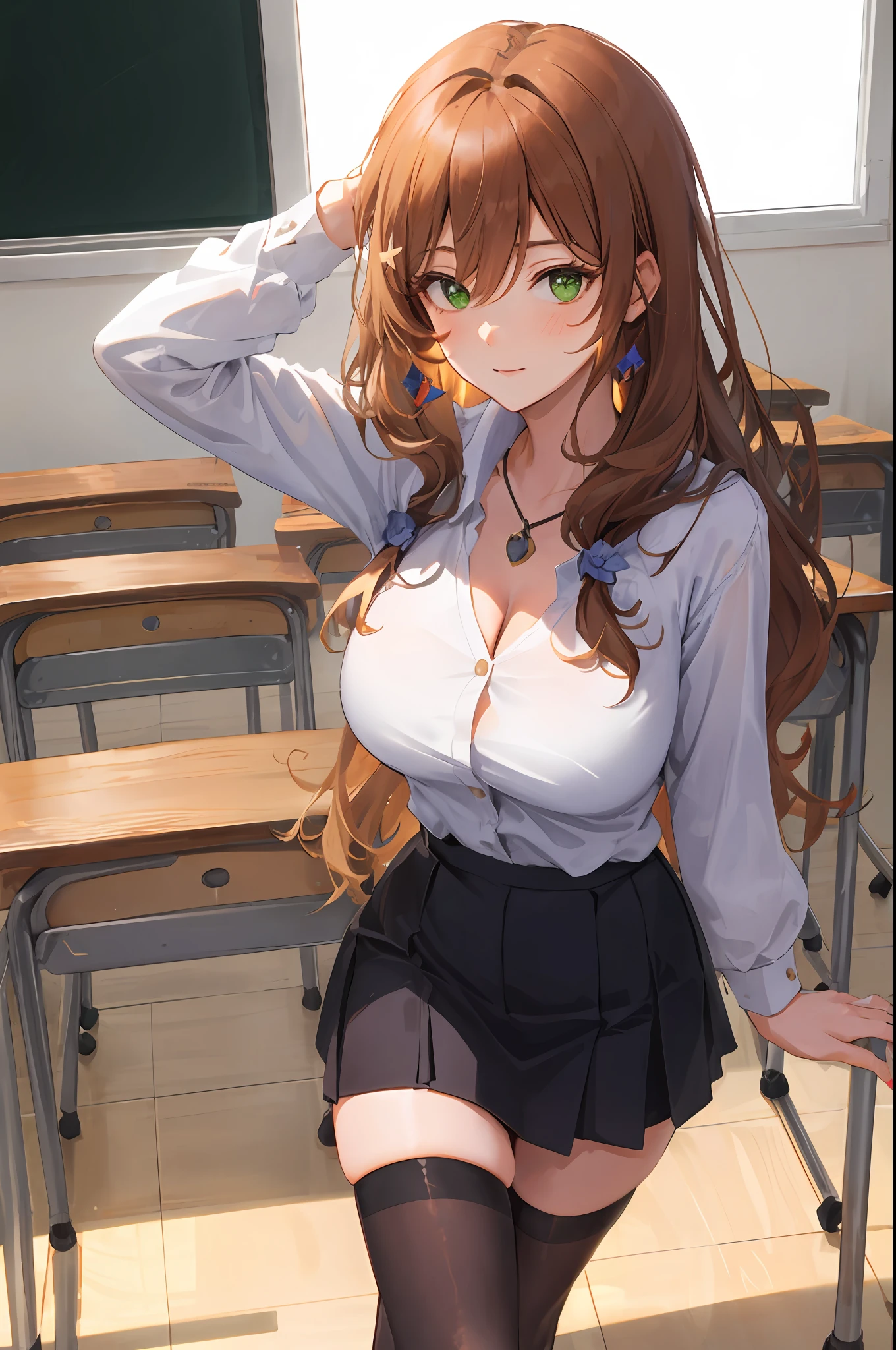 Lisa, genshin impact, 1girl, solo, ((white shirt)), black thighhighs, breasts, cleavage, uniform, office background, black skirt, pleated skirt, office, hair between eyes, messy hair, large breasts, long hair, looking at viewer, brown hair, red short nails, green eyes, solo, thighhighs, thighs, very long hair, ((masterpiece)), classroom, desk, chair, board, class board, teaching,