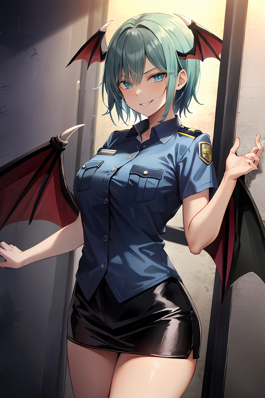 masterpiece, best quality, high resolution, solo, standing, adult woman, light blue clothes, police uniform, black hair, bat wings, short hair, blue eyes, evil smile, evil smile, miniskirt, police uniform, jail, jail, midnight