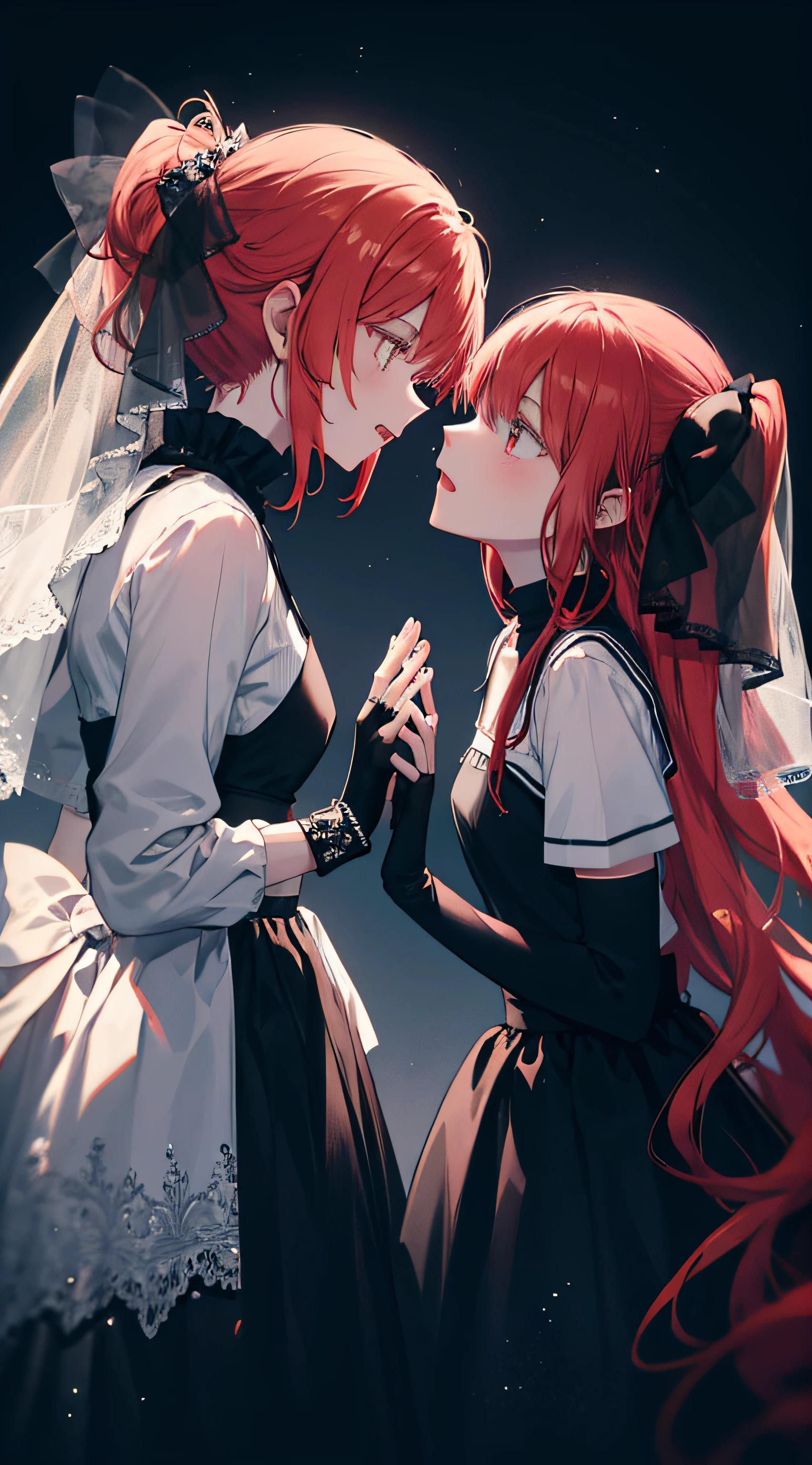 Multiple girls, 2 girls, Yuri, fingerless gloves,
 Red hair, black veil, long skirt, black skirt, high ponytail, coiled hair, looking at each other